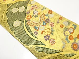 雪輪に蝶・桜模様織り出し　振袖用袋帯